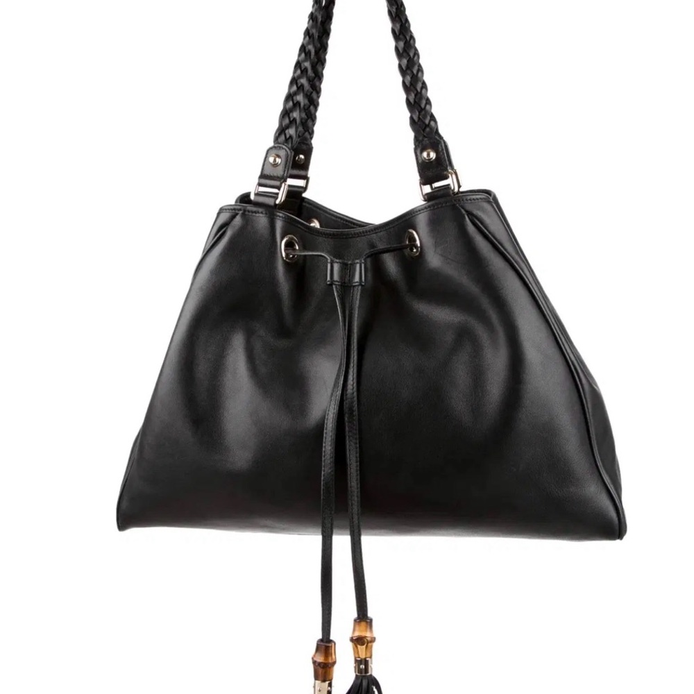 Gucci Black Leather Drawstring Hobo with Braided Handles